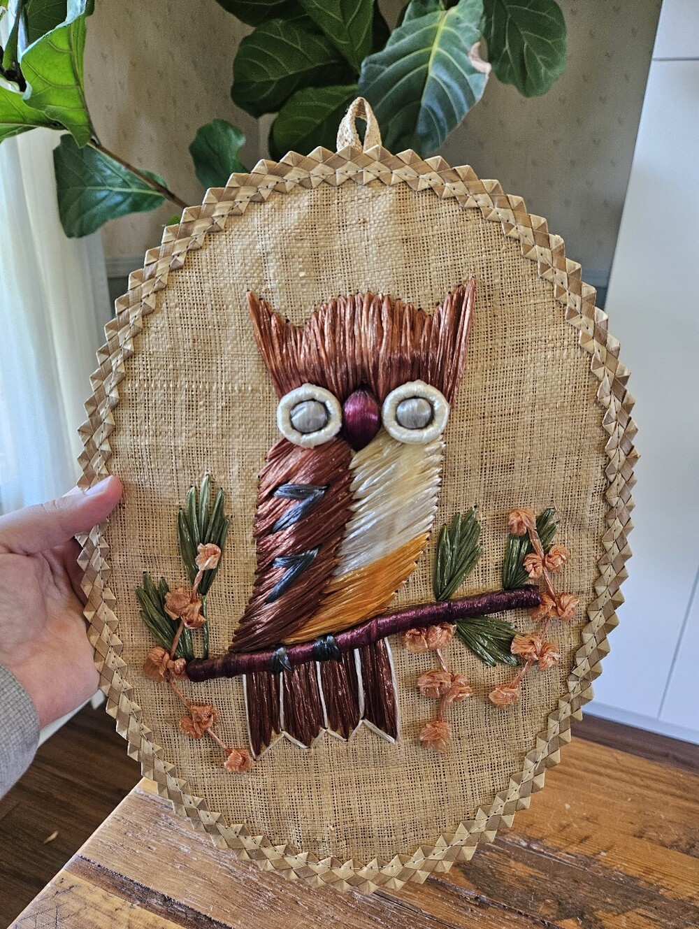 Vintage Woven Straw Hanging Owl (made in Philippines)